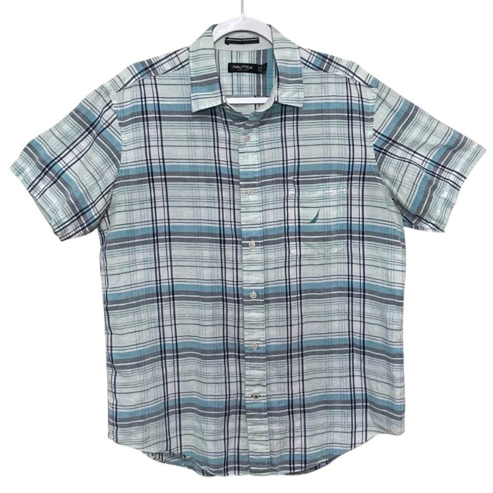 Nautica Linen Cotton Plaid Shirt Casual Button Up Short Sleeve Preppy Men M